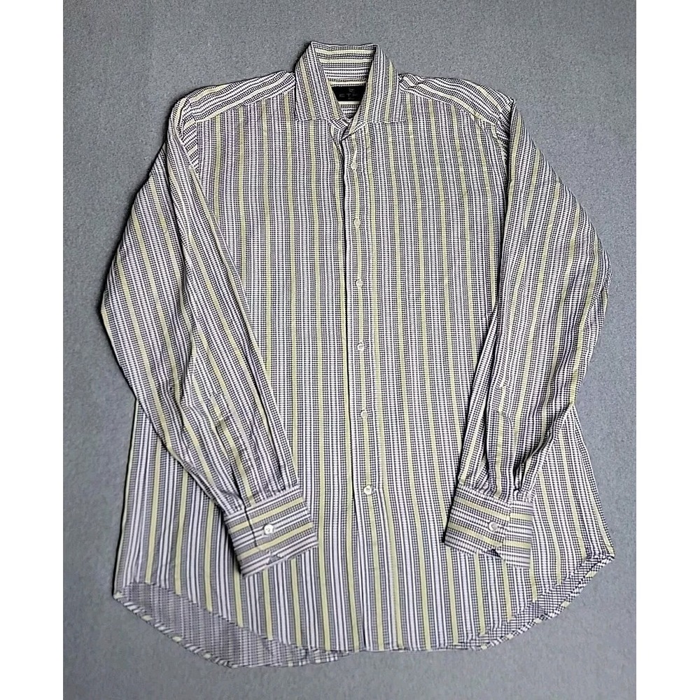 Etro Milano Shirt Mens 41 Yellow Navy Houndstooth Striped Long Sleeve Italy